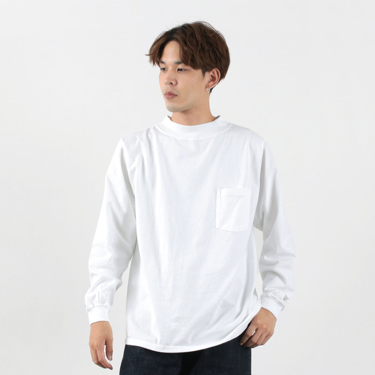 Long Sleeve Mock Neck Pocket T-Shirt,White, large image number 0