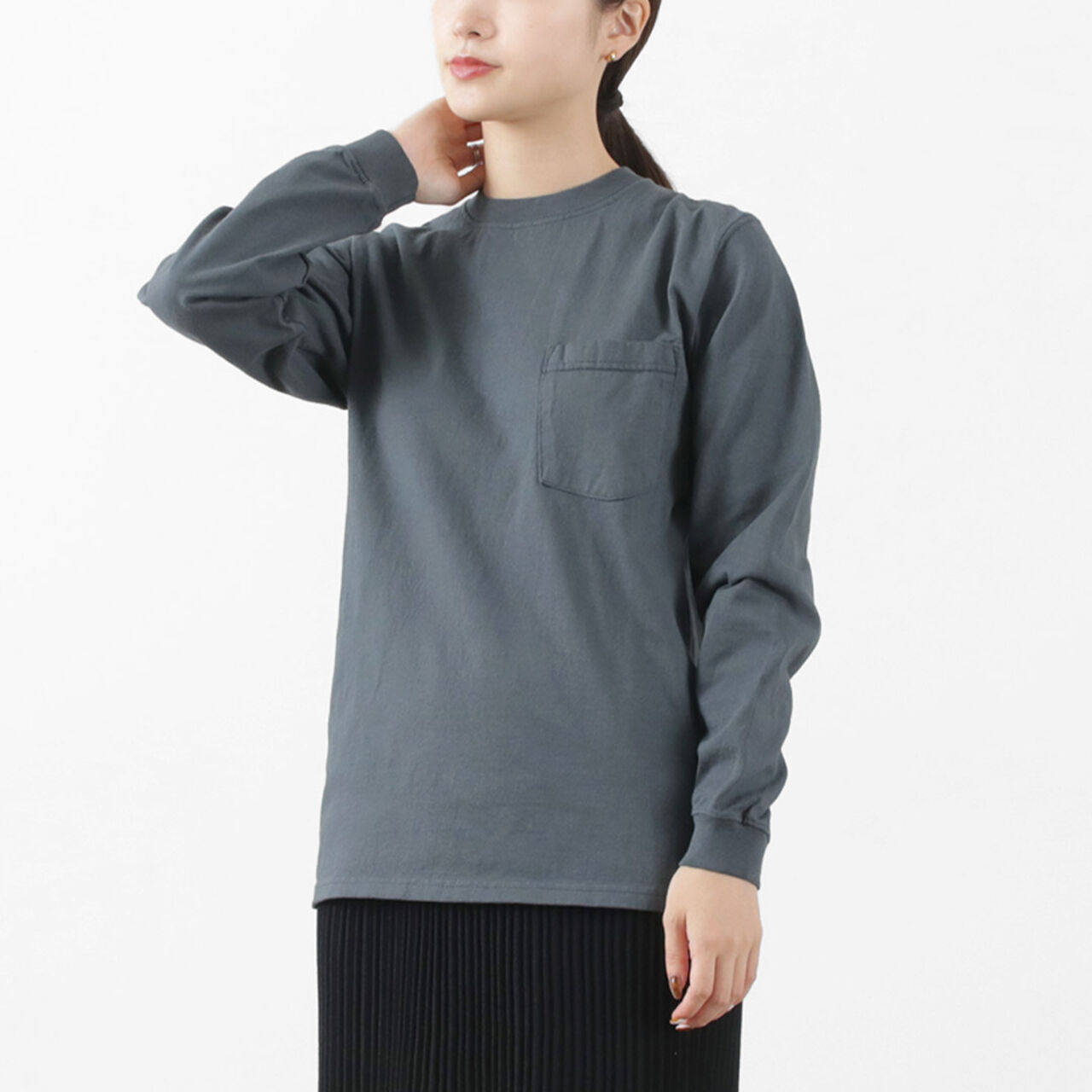 Crew Neck Pocket T-Shirt Long Sleeve,Charcoal, large image number 0