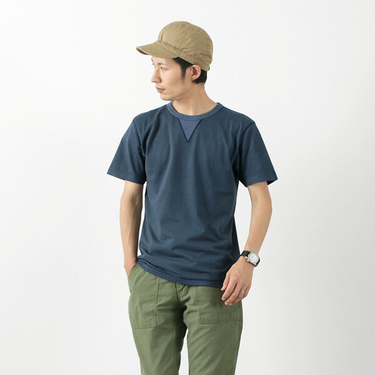 Cozun knitted vintage gusset short sleeve crew neck T-shirt,Navy, large image number 0