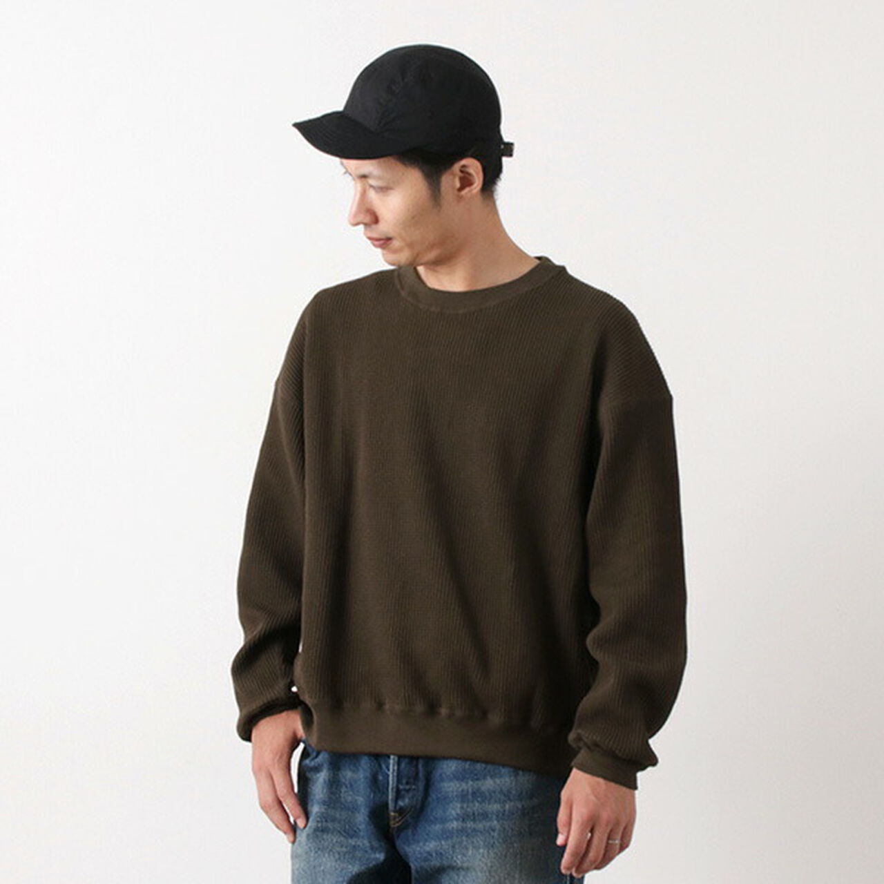 Big Waffle Crew Neck Cut & Sew,Brown, large image number 0