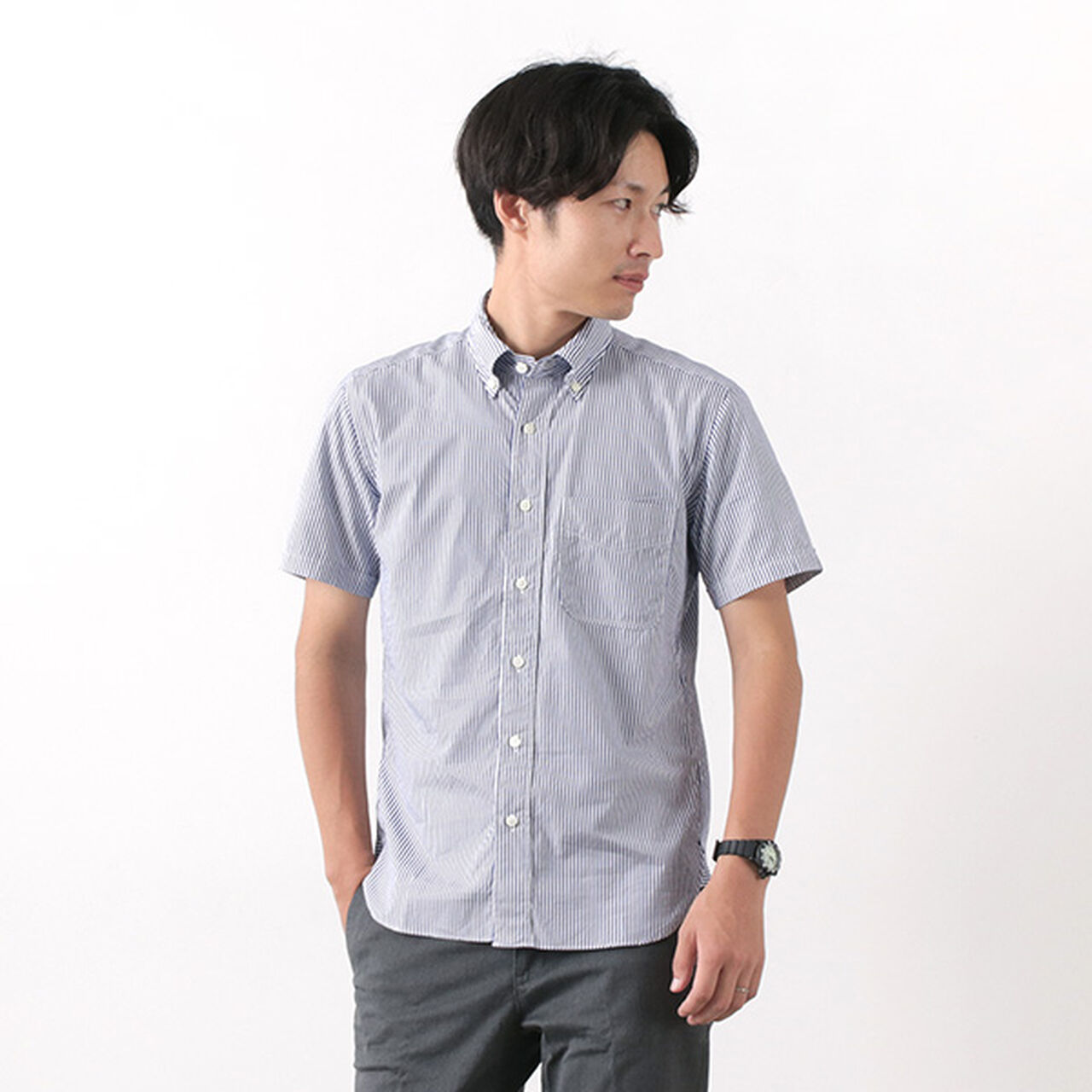 Broad Stripe Short Sleeve Button Down Shirt,Navy_White, large image number 0