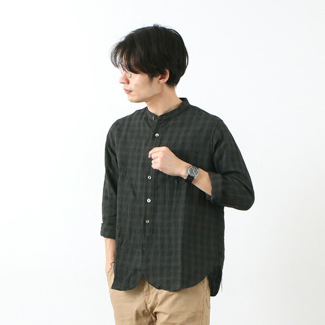 F3466 checked band collar shirt,, large image number 13