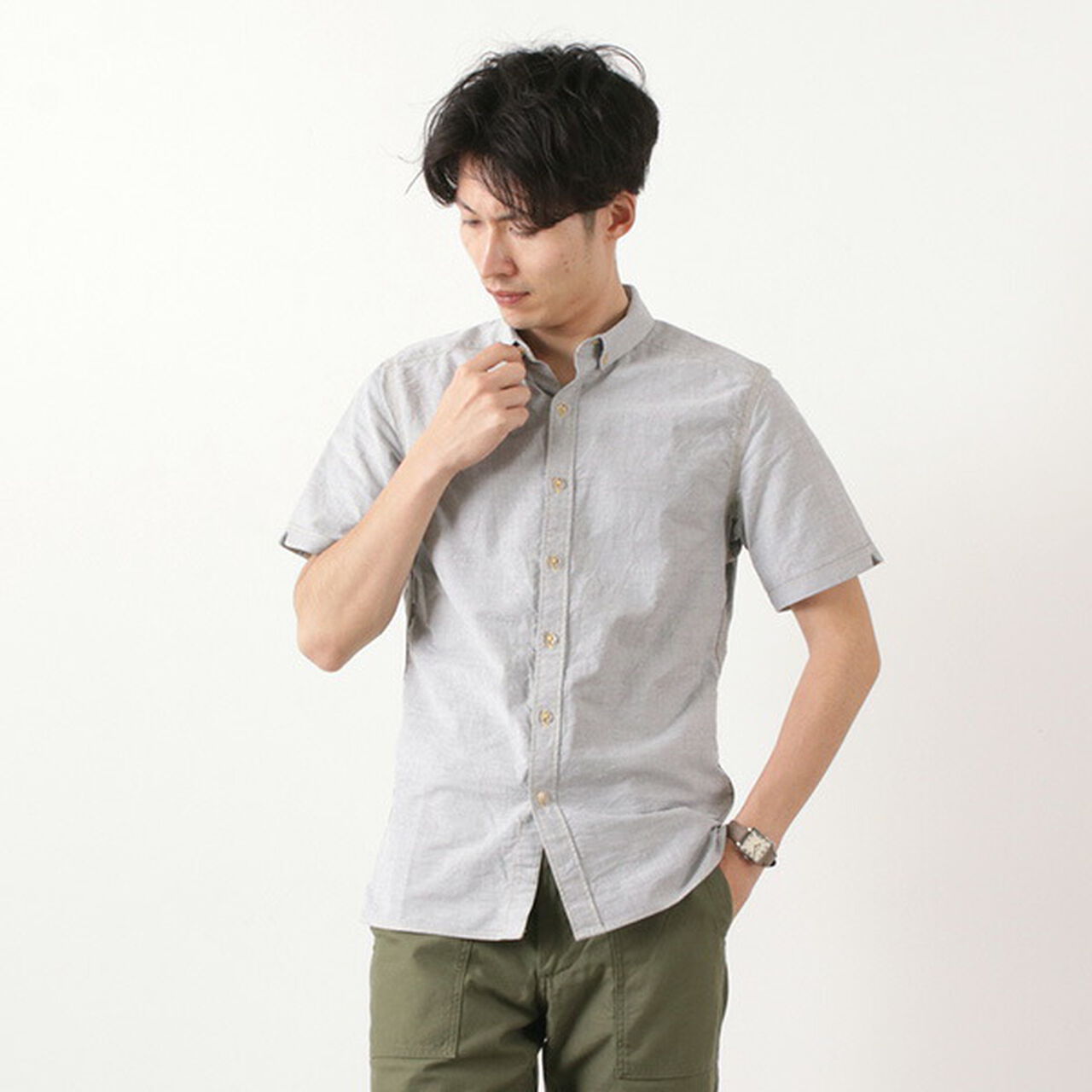 Yellow Stitched Short Sleeve Button Down Shirt,Grey, large image number 0
