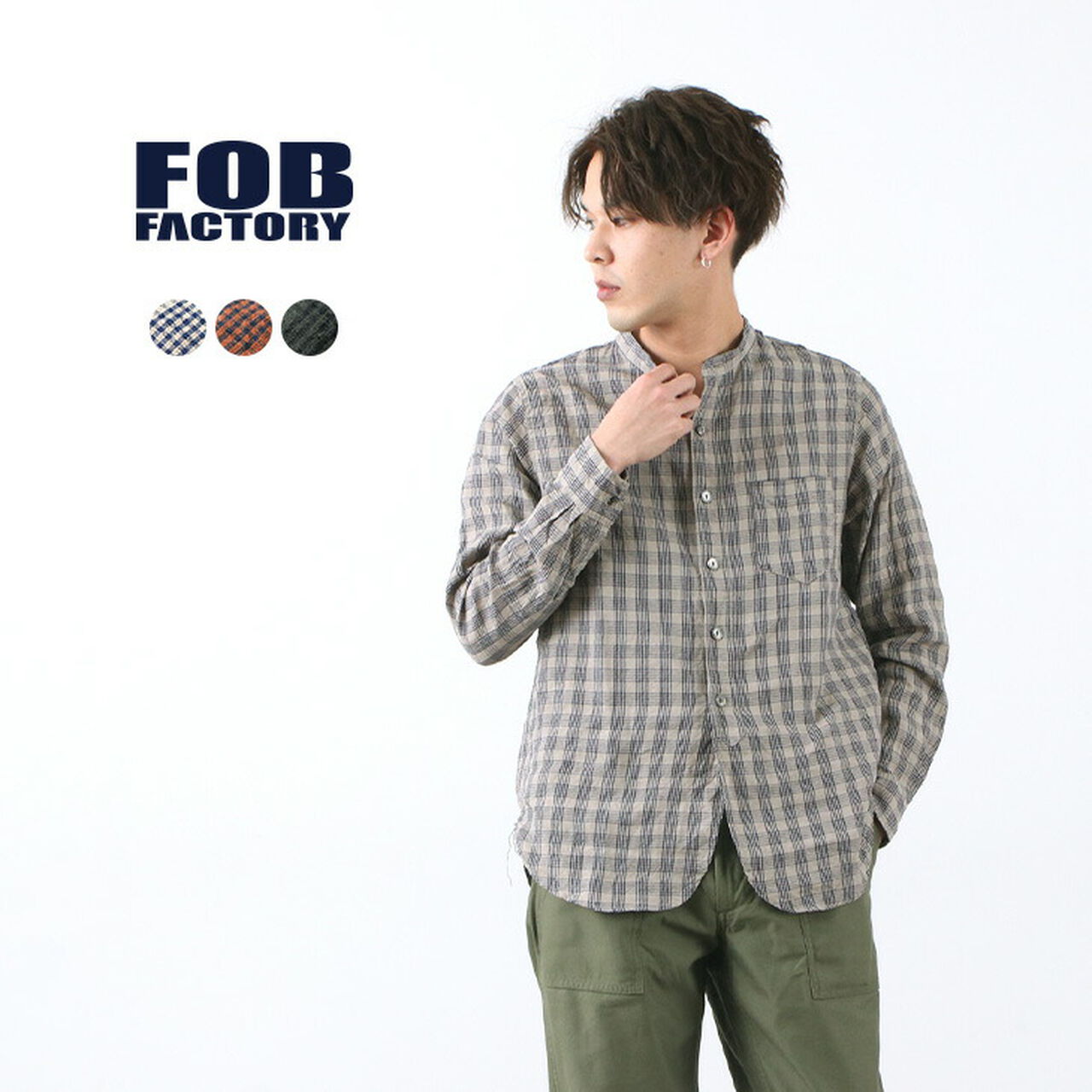 F3466 checked band collar shirt,, large image number 0