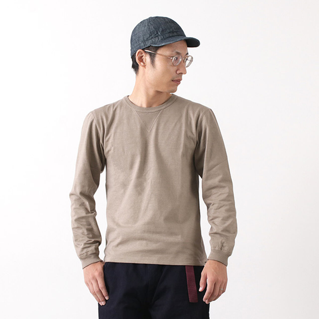 BR-3043 Small Knitted Vintage L/S Crew Neck T-Shirt,Khaki, large image number 0