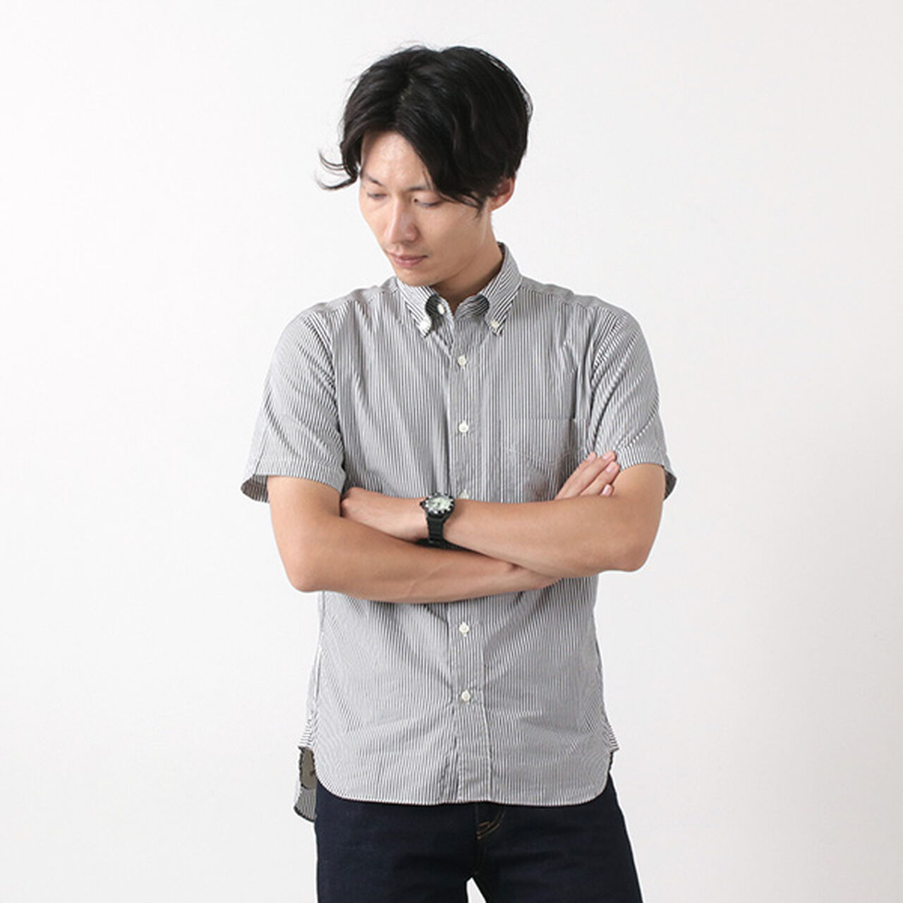 Broad Stripe Short Sleeve Button Down Shirt,Black_White, large image number 0