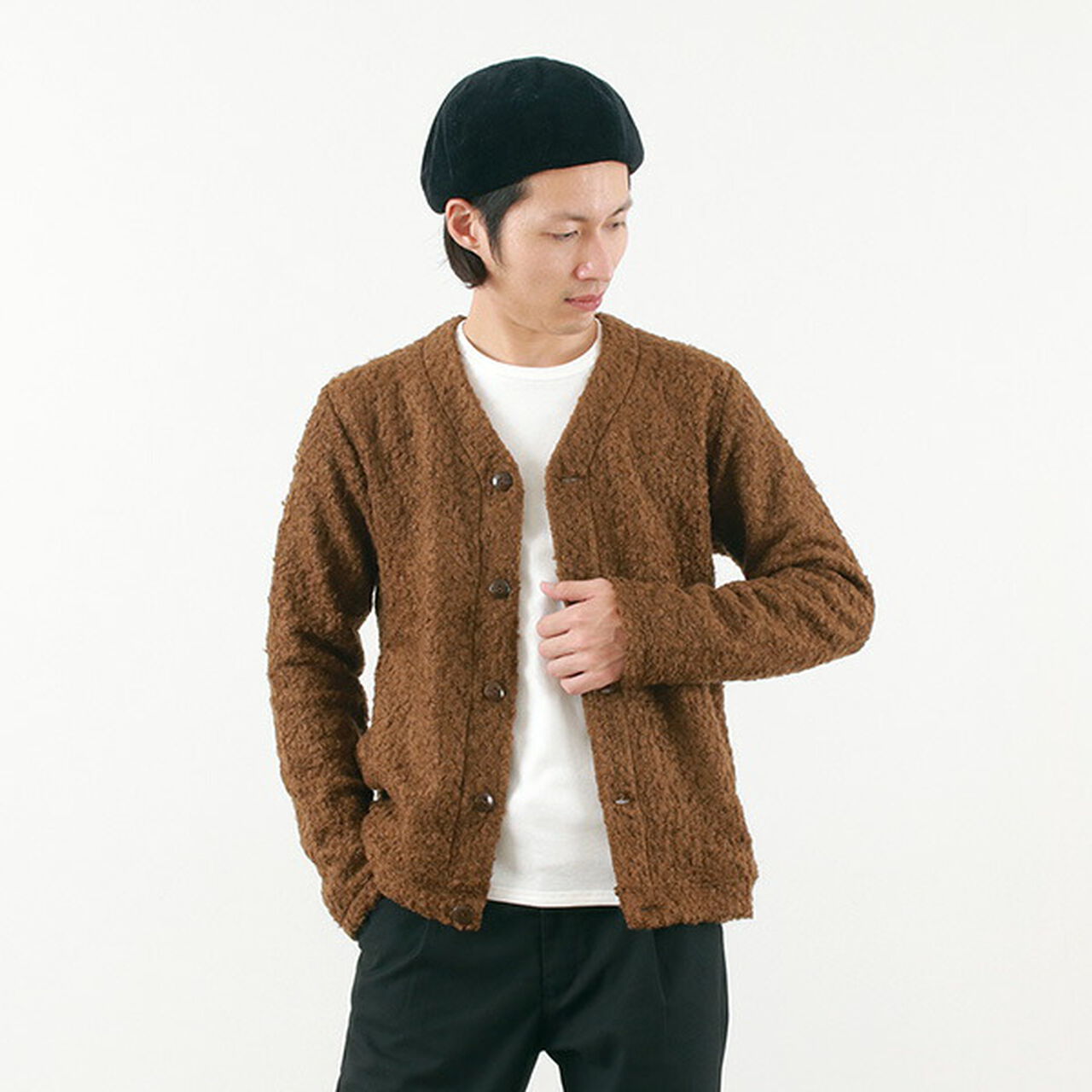 Wool Ring Small V Cardigan,Brown, large image number 0