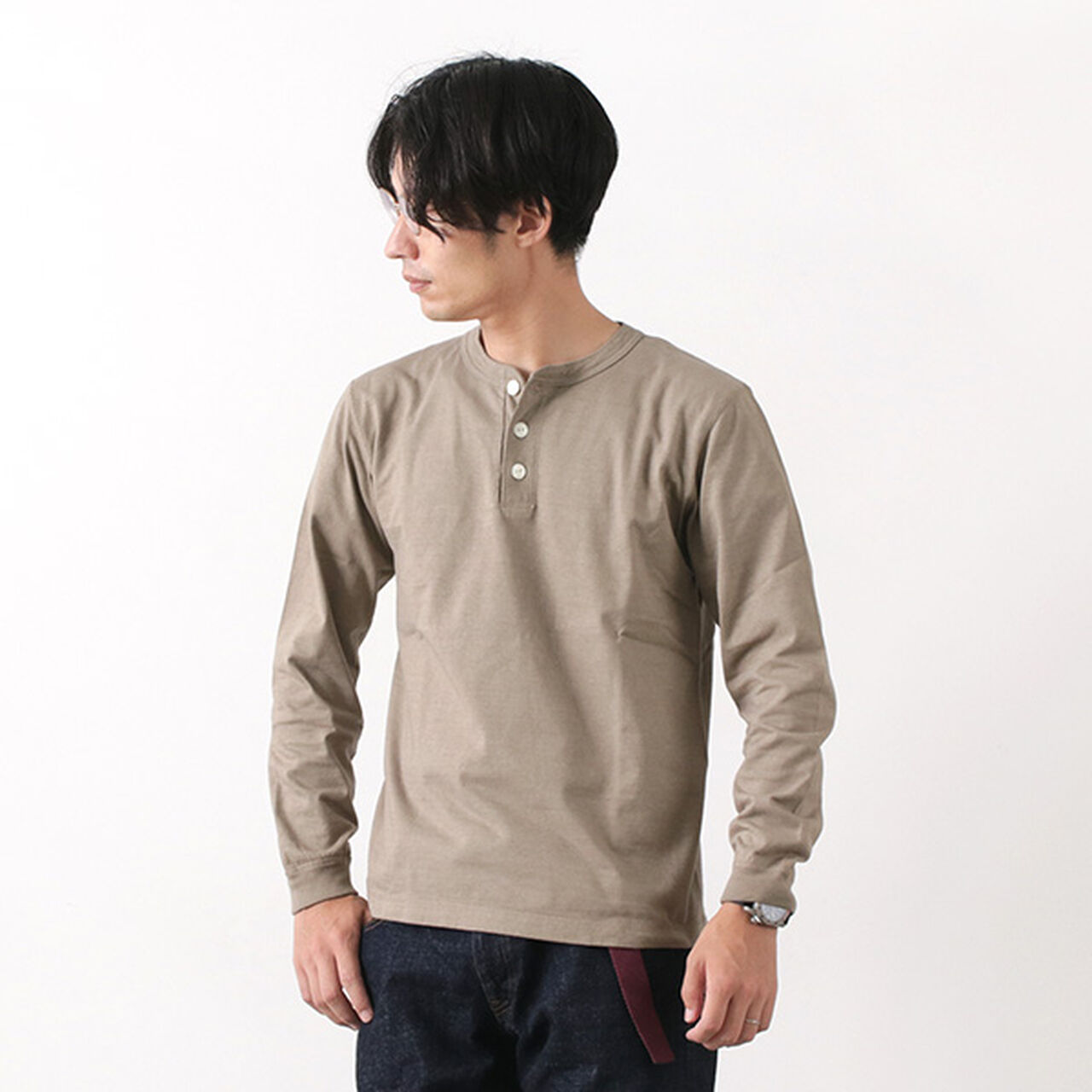 BR-3044 Small Knitted Henley Neck L/S T-shirt,Khaki, large image number 0