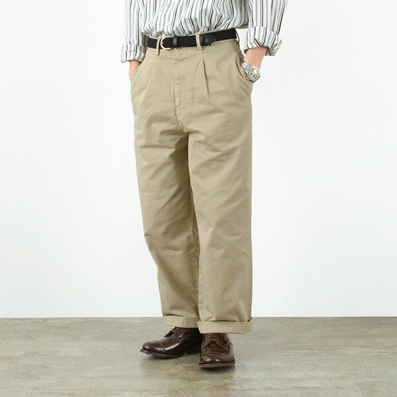 One Tuck Wide Trousers Dragon Twill,Beige, large image number 0