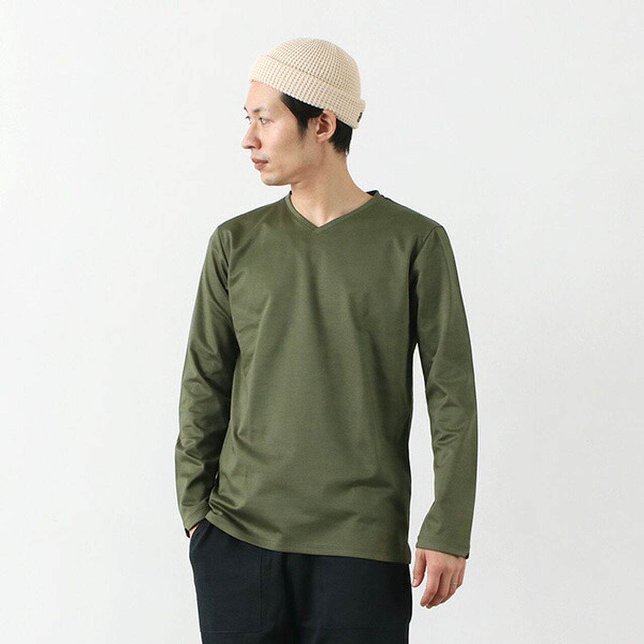 Tokyo Made V-Neck Long Sleeve Dress T-Shirt,Olive, large image number 0
