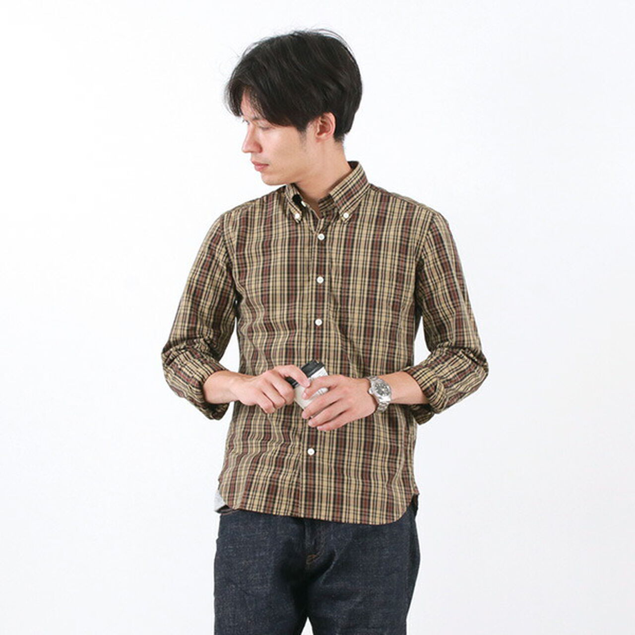 Long Sleeve Tartan Check Button Down Shirt,Beige, large image number 0