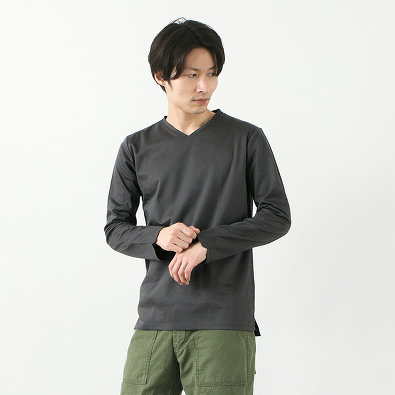 Tokyo Made V-Neck Long Sleeve Dress T-Shirt,Charcoal, large image number 0