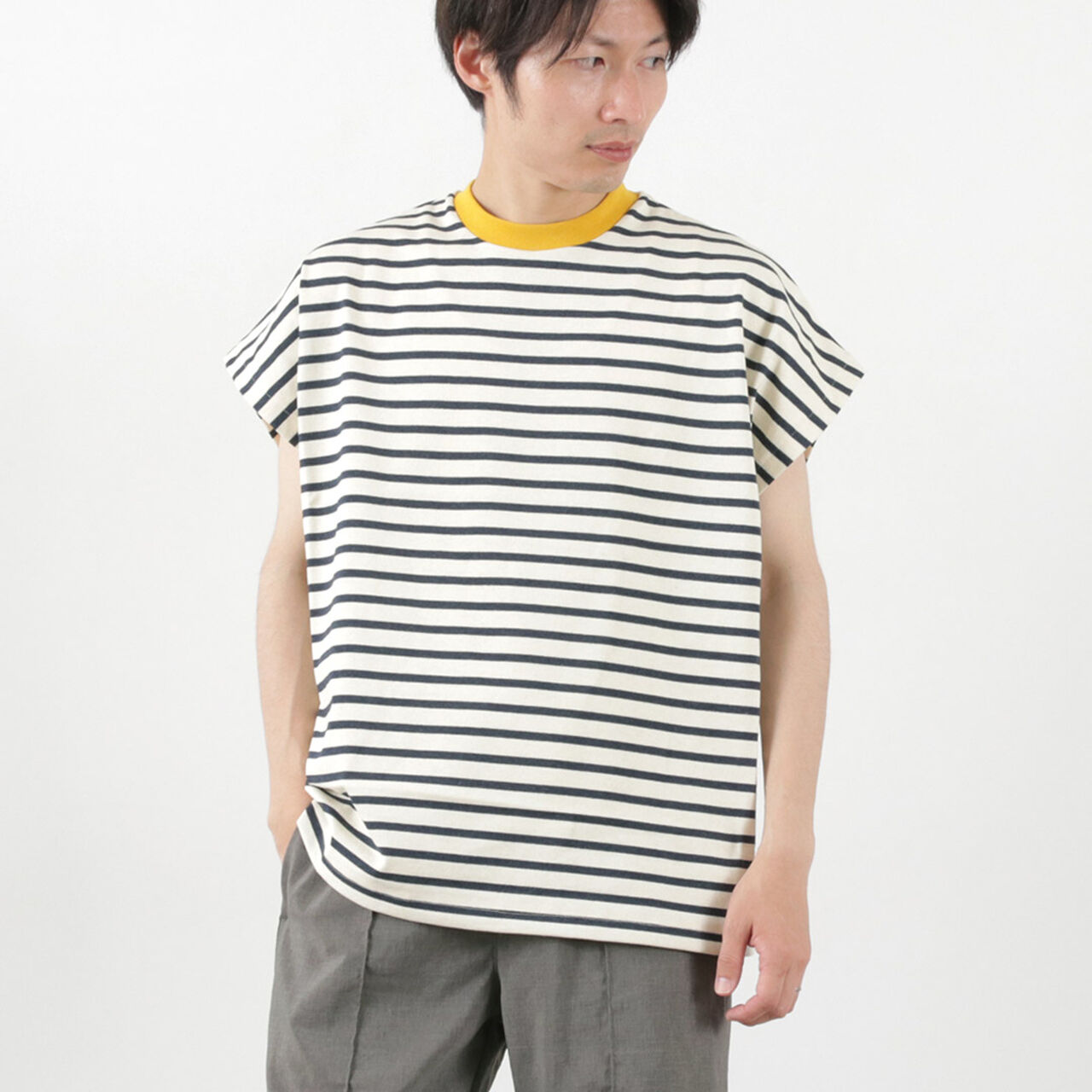 Open End French Sleeve T-Shirt Striped,Kinari_Navy, large image number 0