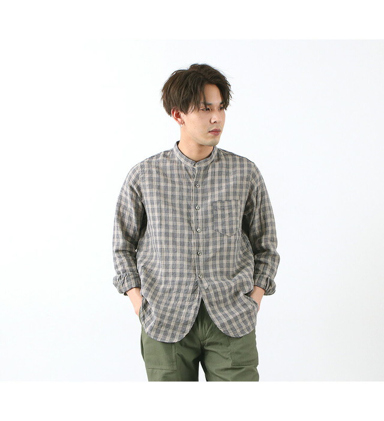 F3466 checked band collar shirt,, large image number 6