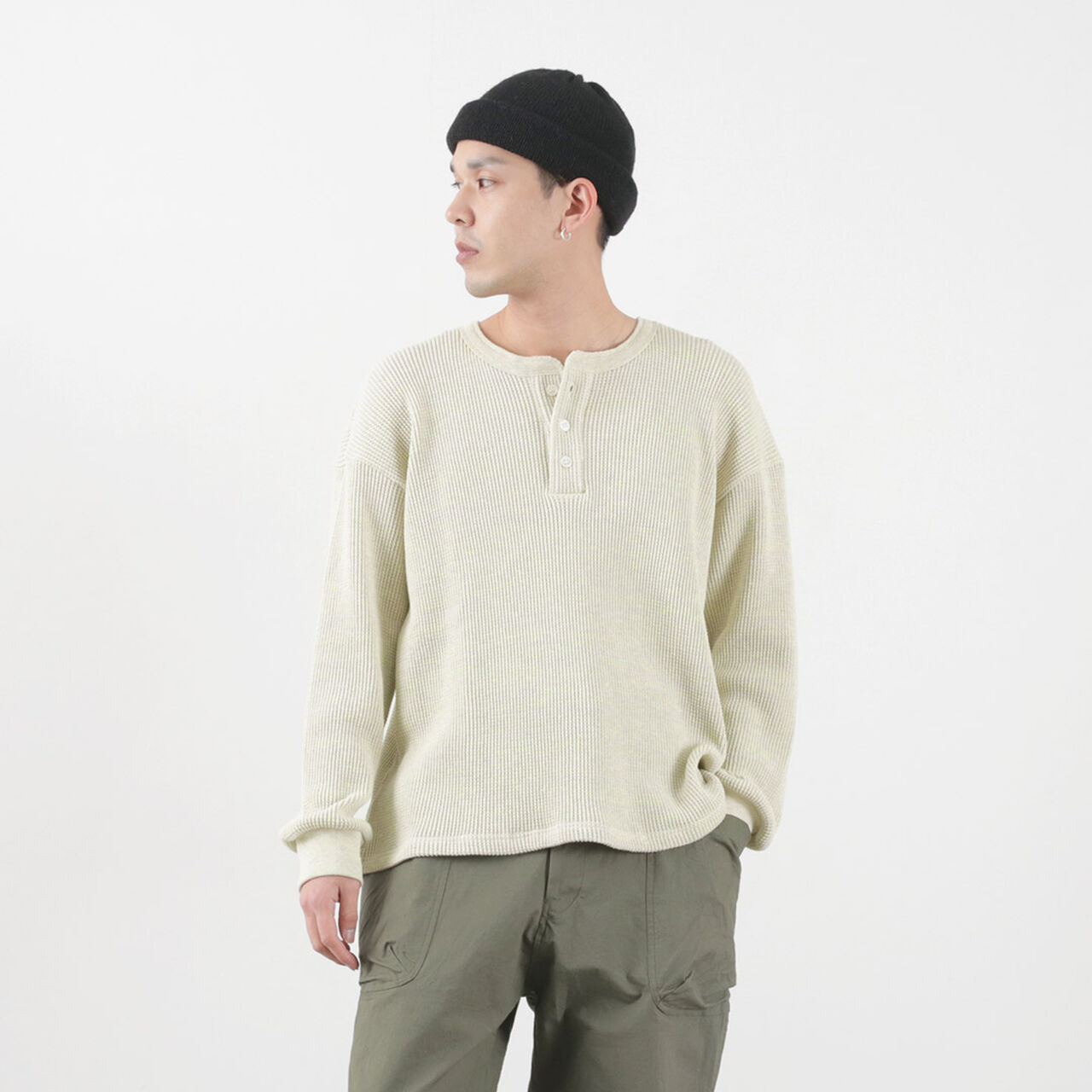 Heavy Neon Waffle Henry Neck Pullover,Ivory_NeonYellow, large image number 0