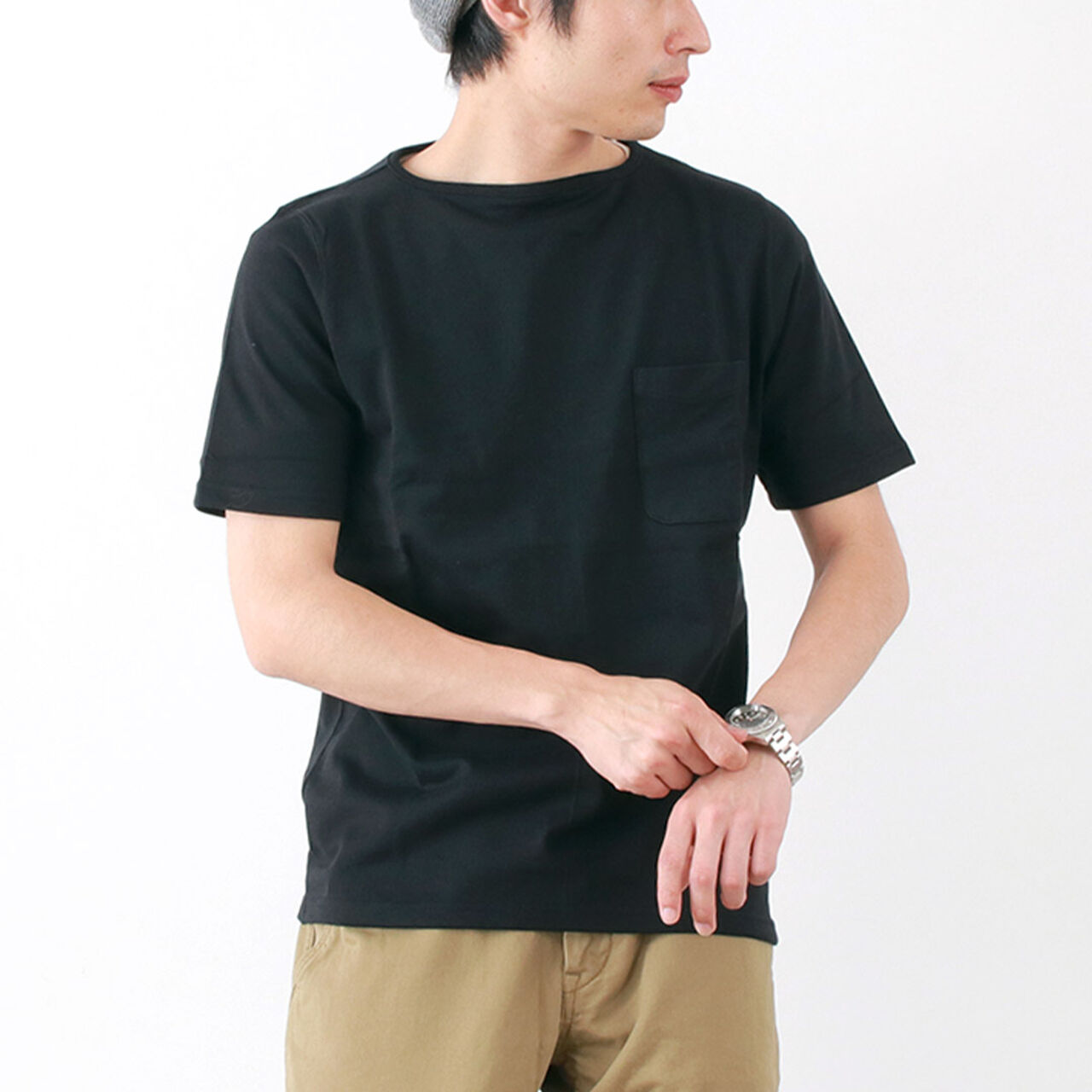 Summer Knit Pocket T-Shirt,Black, large image number 0