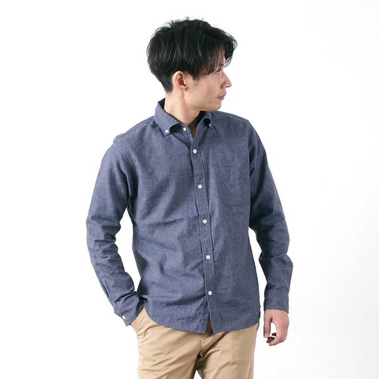 French Linen Long Sleeve Button Down Shirt,Navy, large image number 0