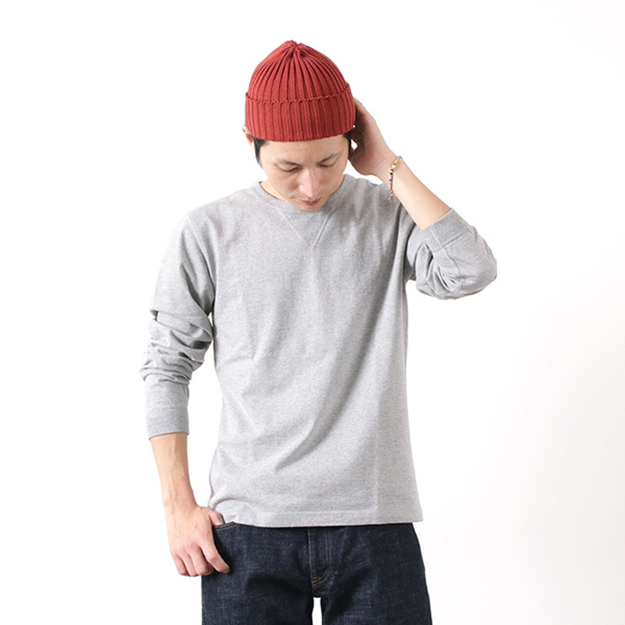BR-3043 Small Knitted Vintage L/S Crew Neck T-Shirt,Grey, large image number 0