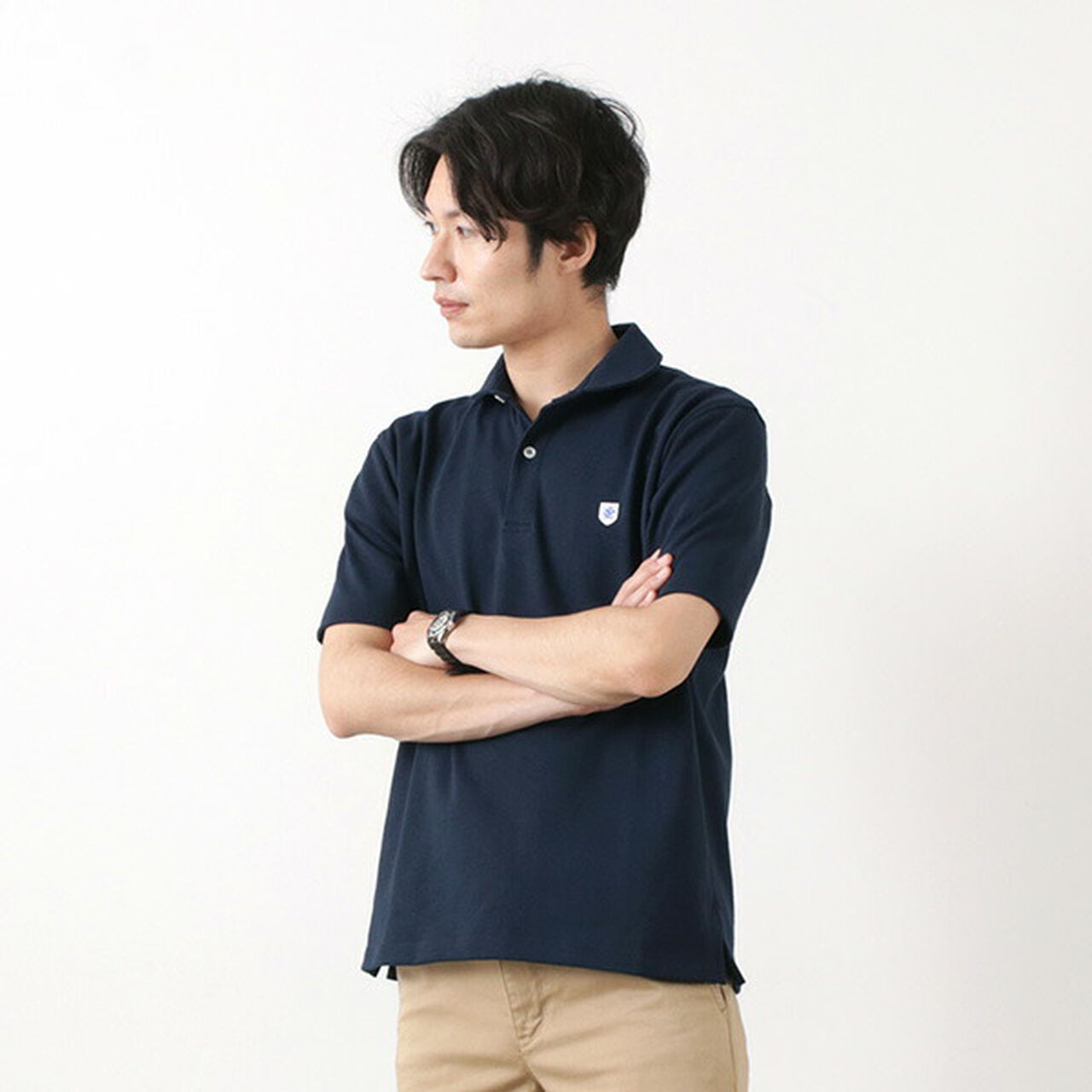 Plain Heavy Jersey Round Collar Polo Shirt,Navy, large image number 0
