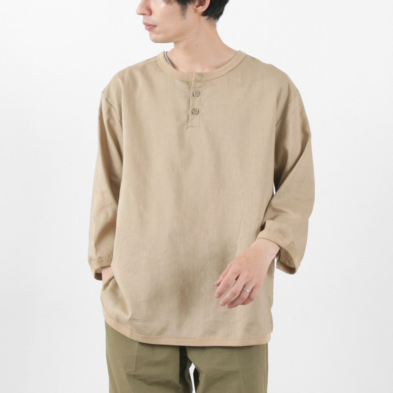 Linen Canvas Henry Neck T-Shirt,Beige, large image number 0