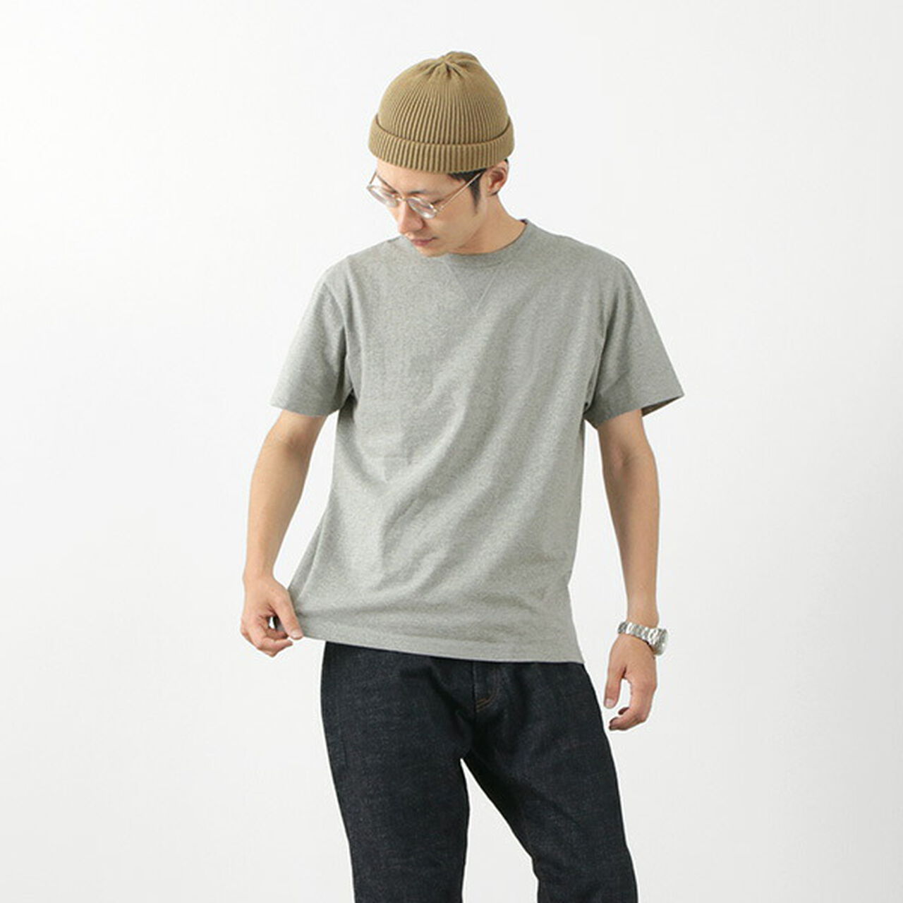 BR-8145 Small knitted vintage gusset short sleeve crew neck T-shirt,Grey, large image number 0