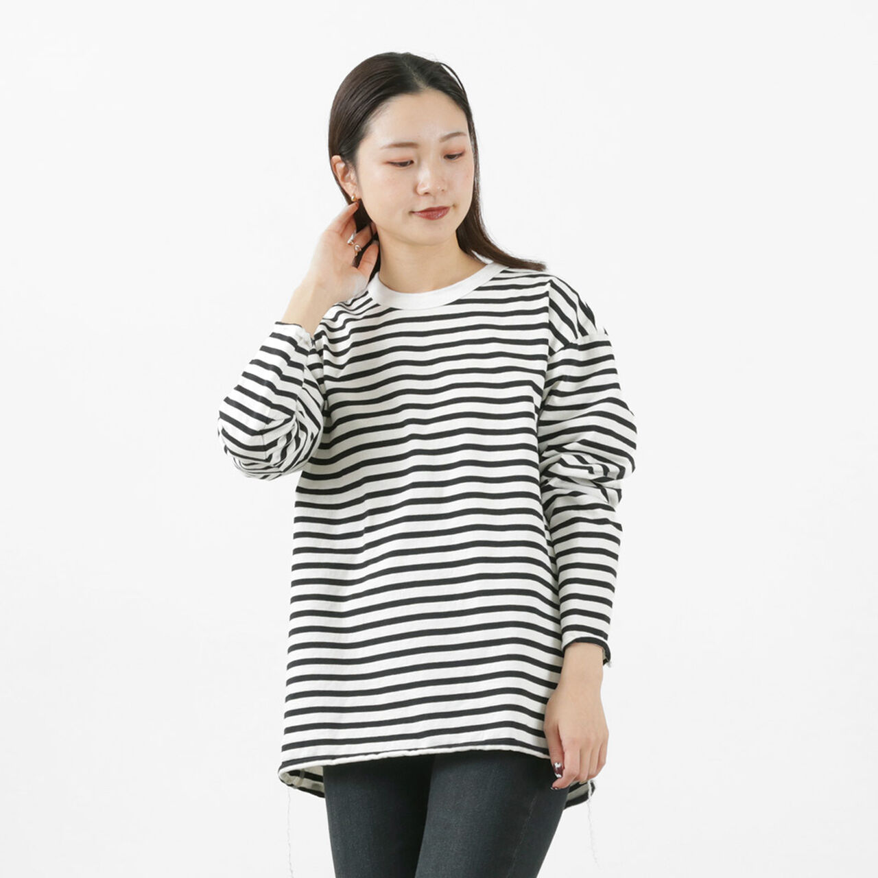 Striped Loose Long Sleeve T-Shirt,Natural_Navy, large image number 0