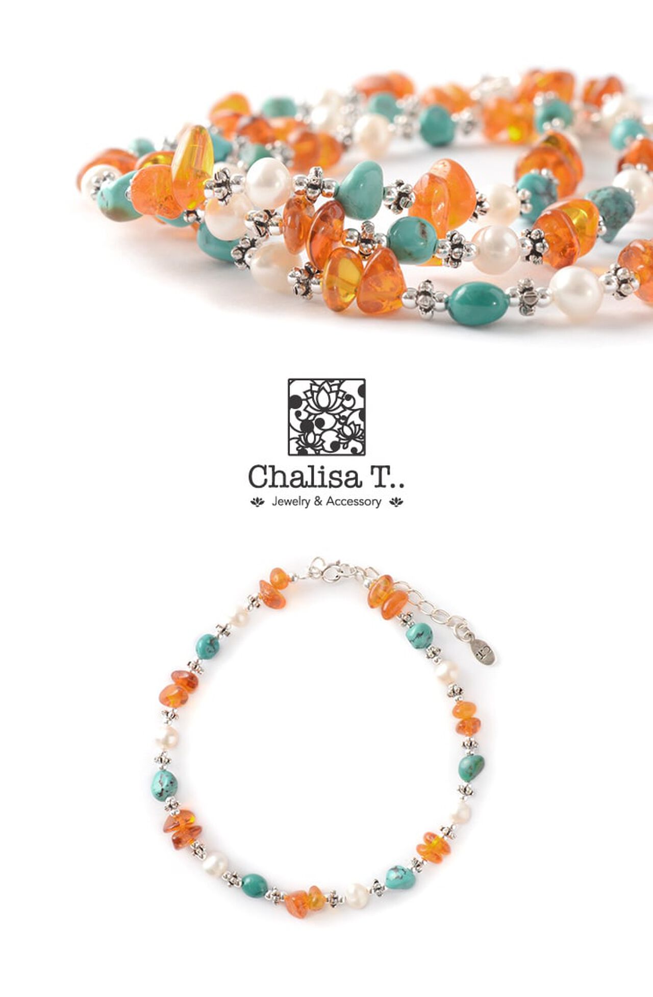 Turquoise Amber Pearl Combi Anklet,, large image number 3
