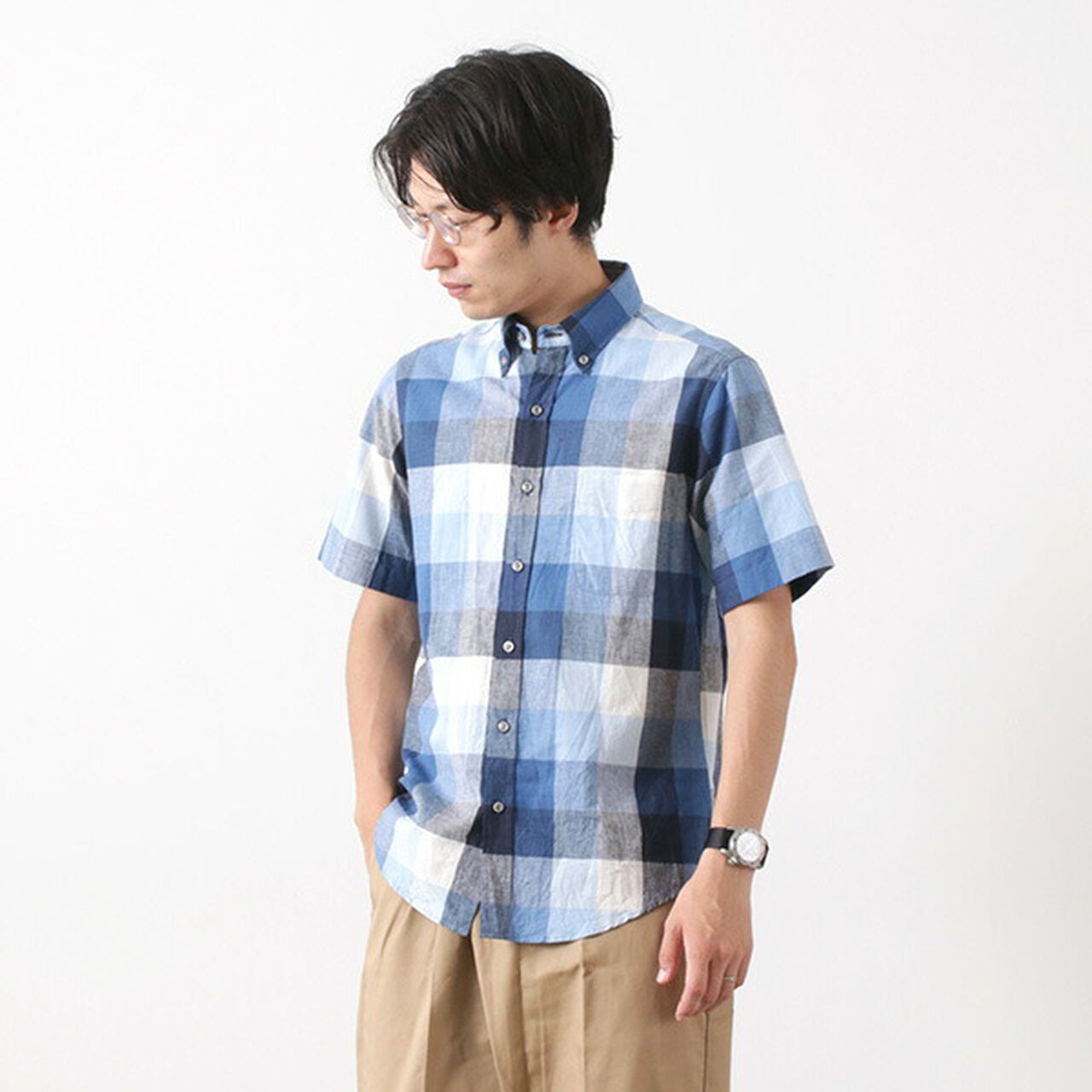Short Sleeve Checked Shirt,Blue, large image number 0