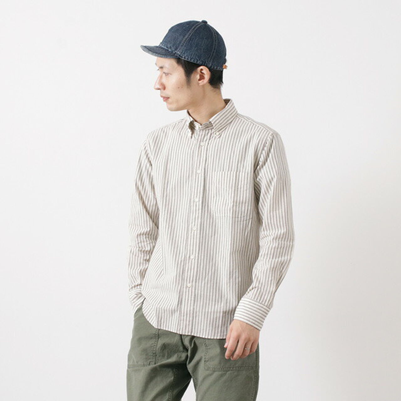 Cotton Linen Stripe Button Down Shirt,Beige, large image number 0