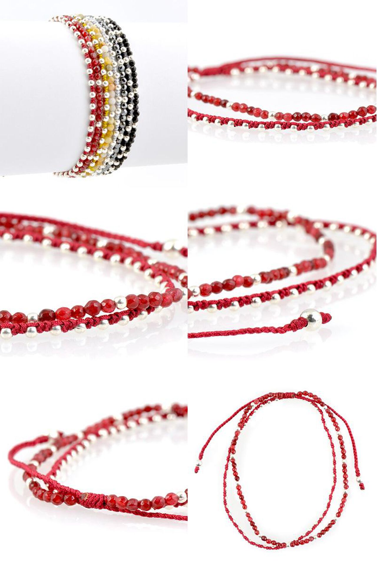 Stone silver bead anklet with knotted cord,Red, large image number 8