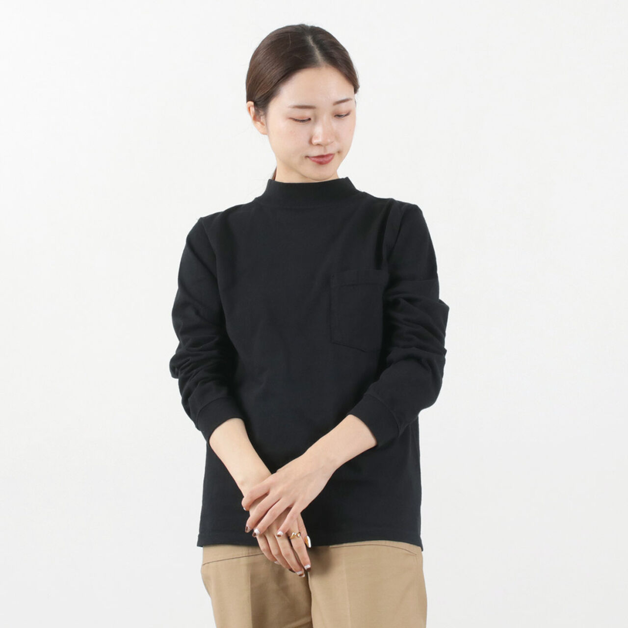 Long Sleeve Mock Neck Pocket T-Shirt,Black, large image number 0