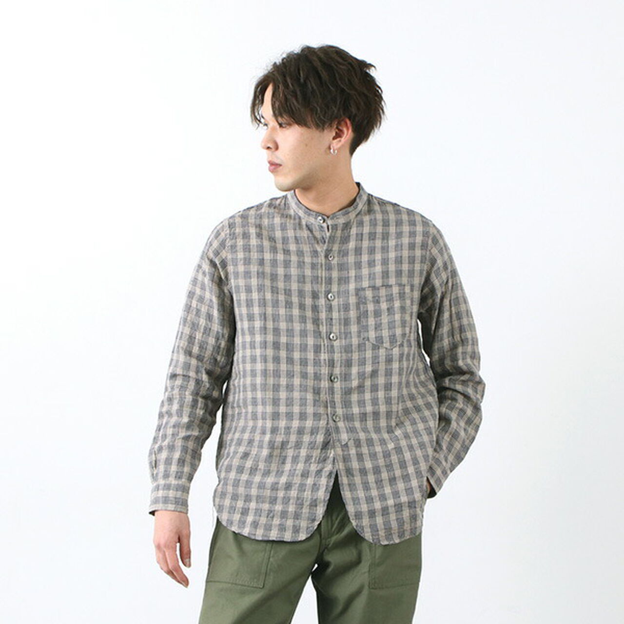 F3466 checked band collar shirt,, large image number 14