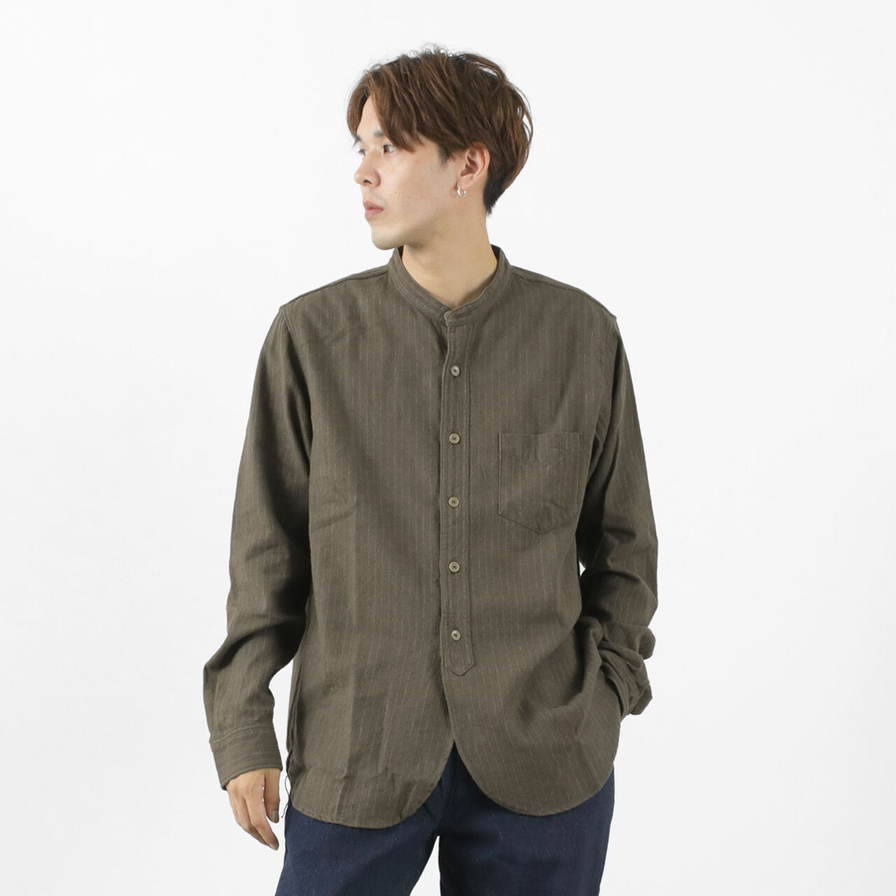 F3485 C/W STRIPE BANDCOLLAR Shirt,Olive, large image number 0