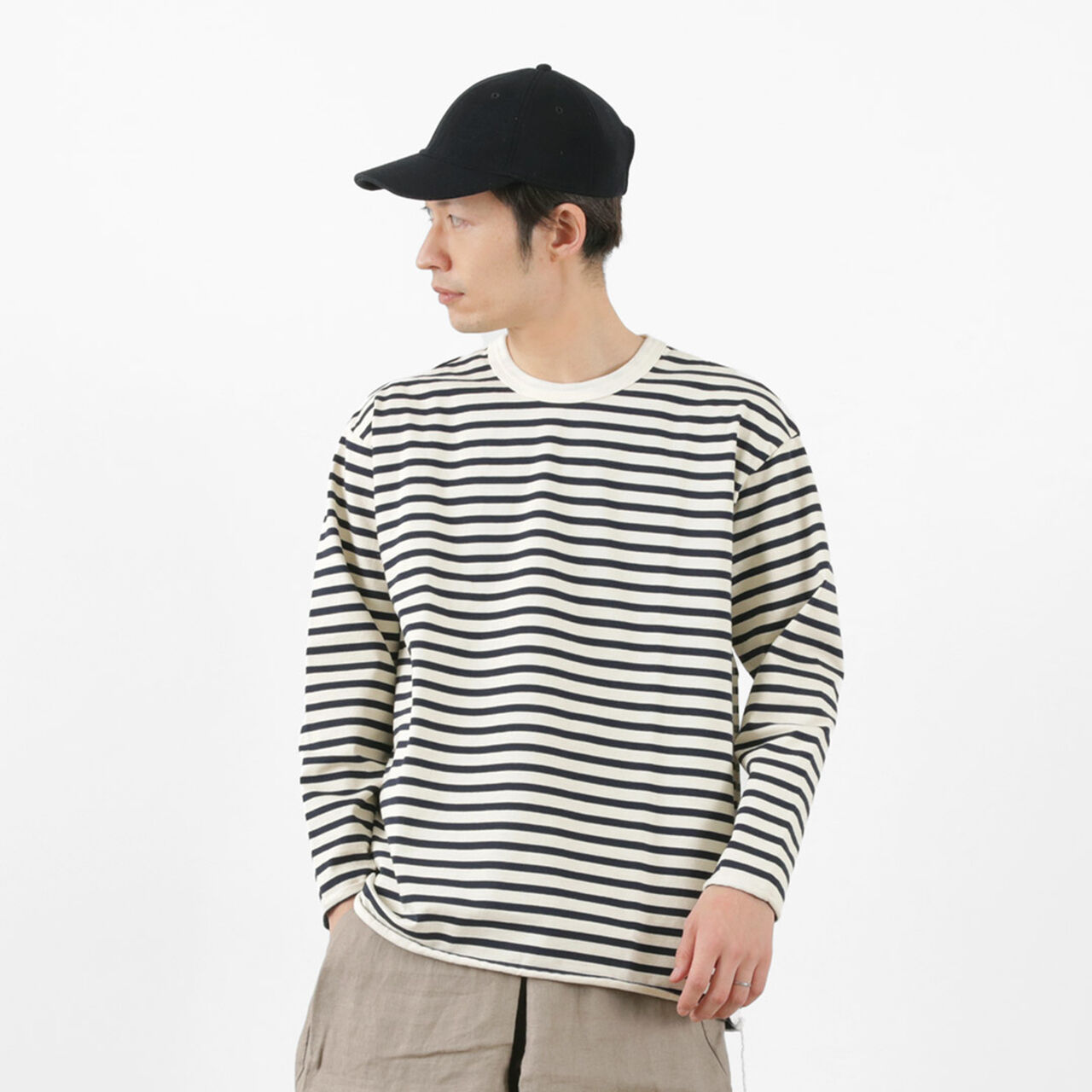 Striped Loose Long Sleeve T-Shirt,White_Black, large image number 0