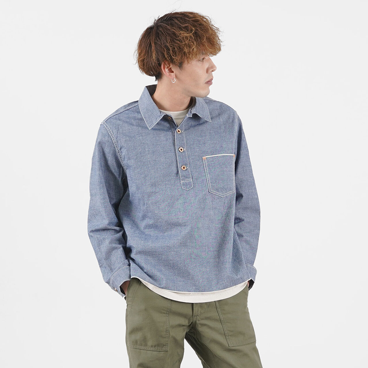 F3487 Chambray pullover shirt,Blue, large image number 0