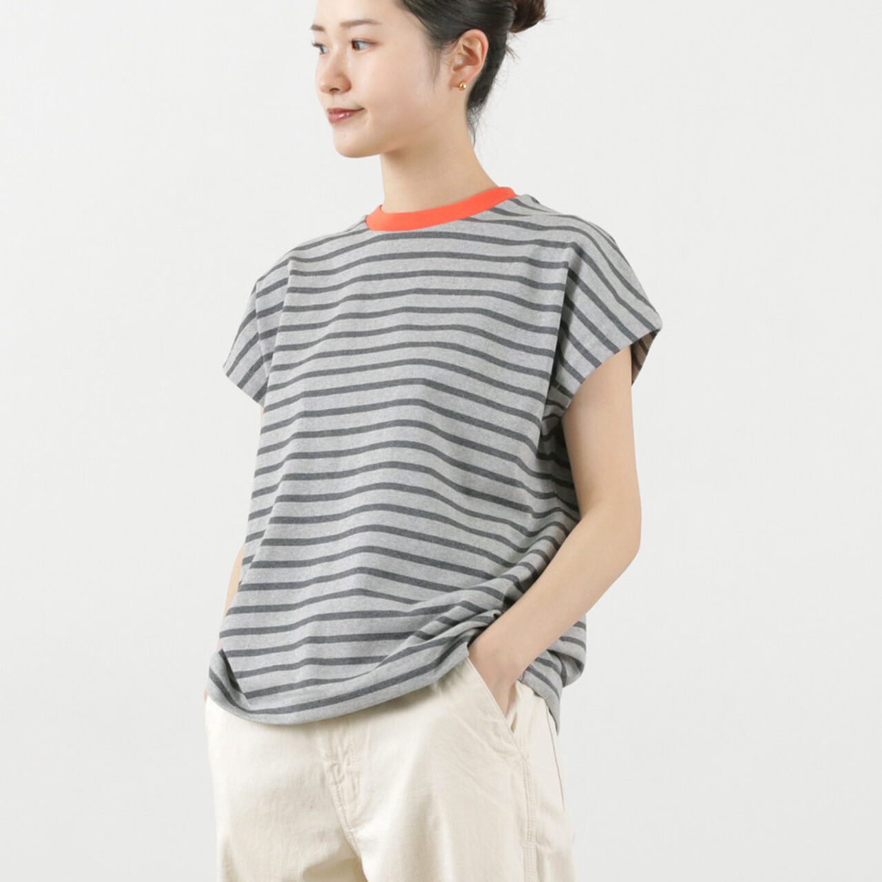 Open End French Sleeve T-Shirt Striped,Grey_CharcoalGrey, large image number 0