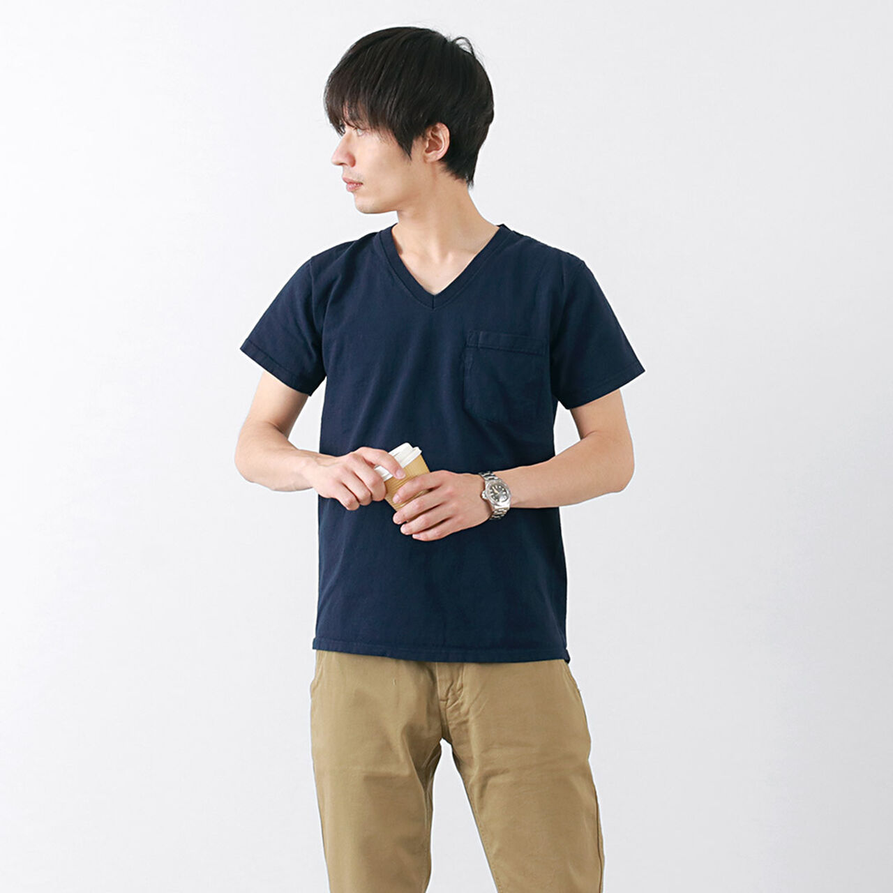 Colour coded short sleeve V-neck pocket T-shirt,Navy, large image number 0