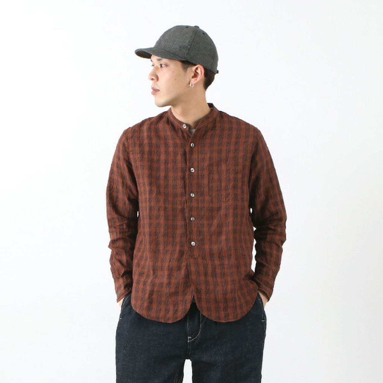 F3466 checked band collar shirt,, large image number 15
