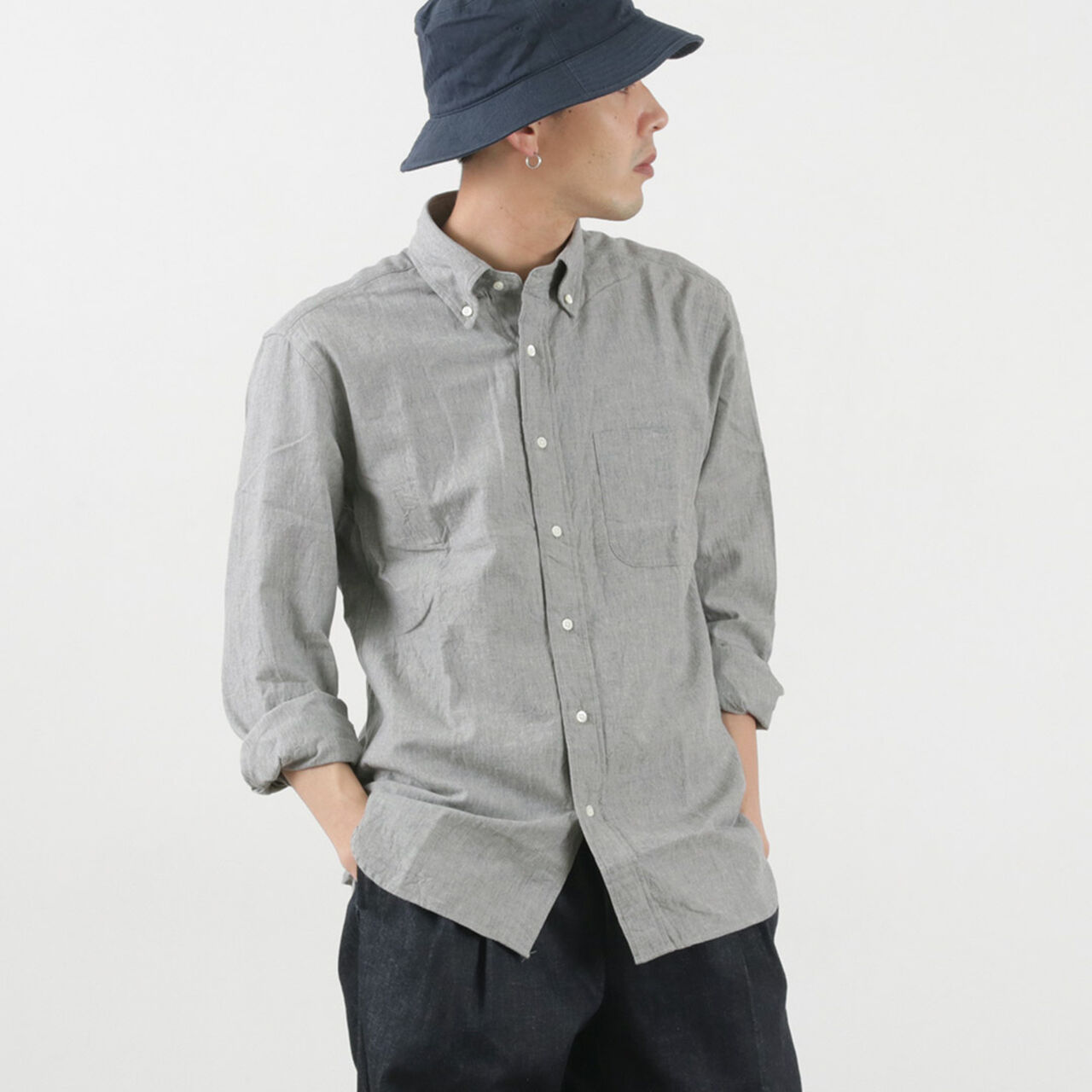 Selvage Chambray Button Down Shirt,Grey, large image number 0