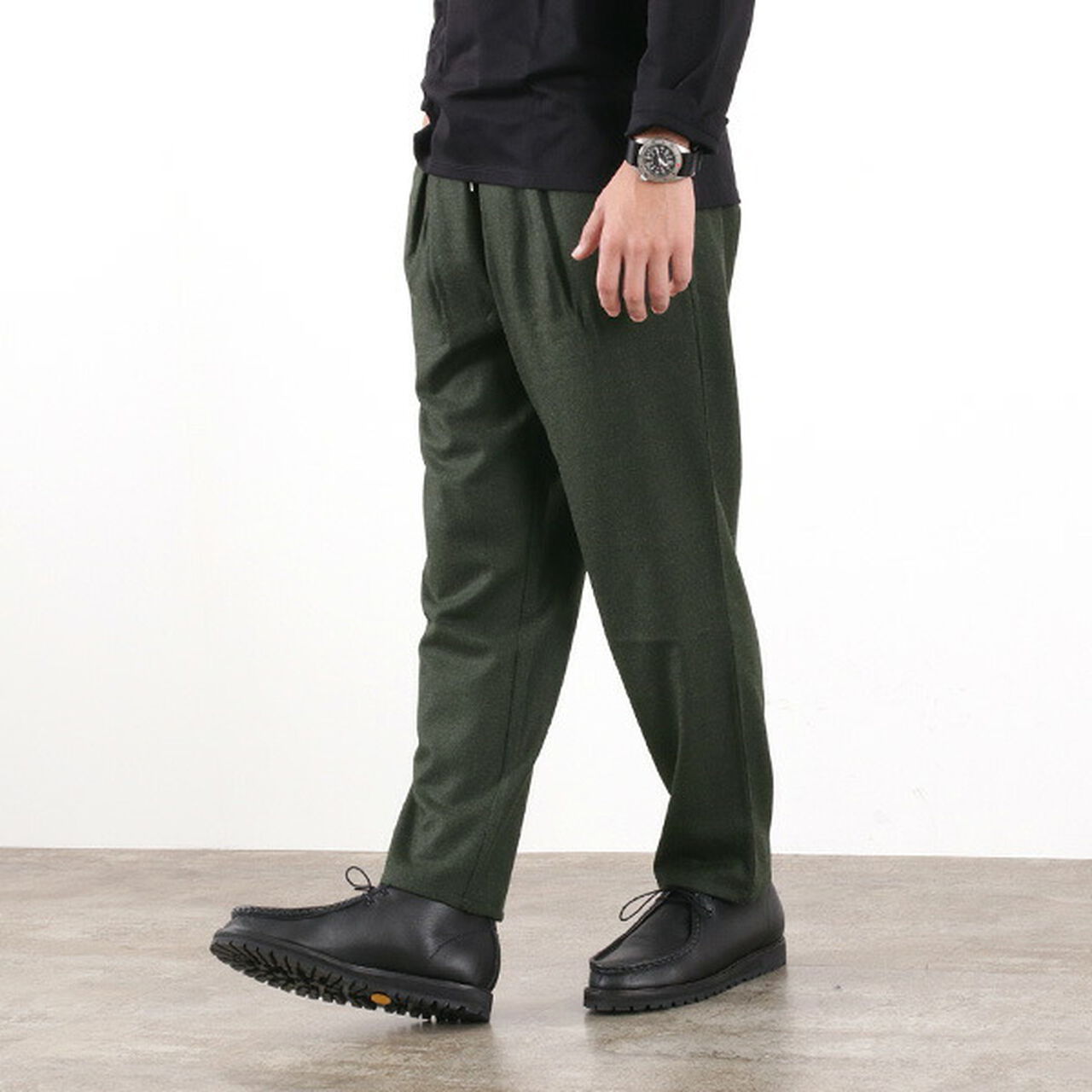 Wool flannel tucked ankle trousers,Olive, large image number 0