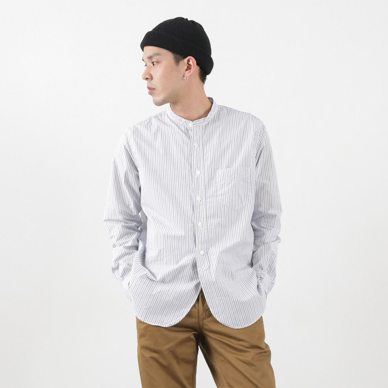 F3488 striped band collar shirt,White, large image number 0