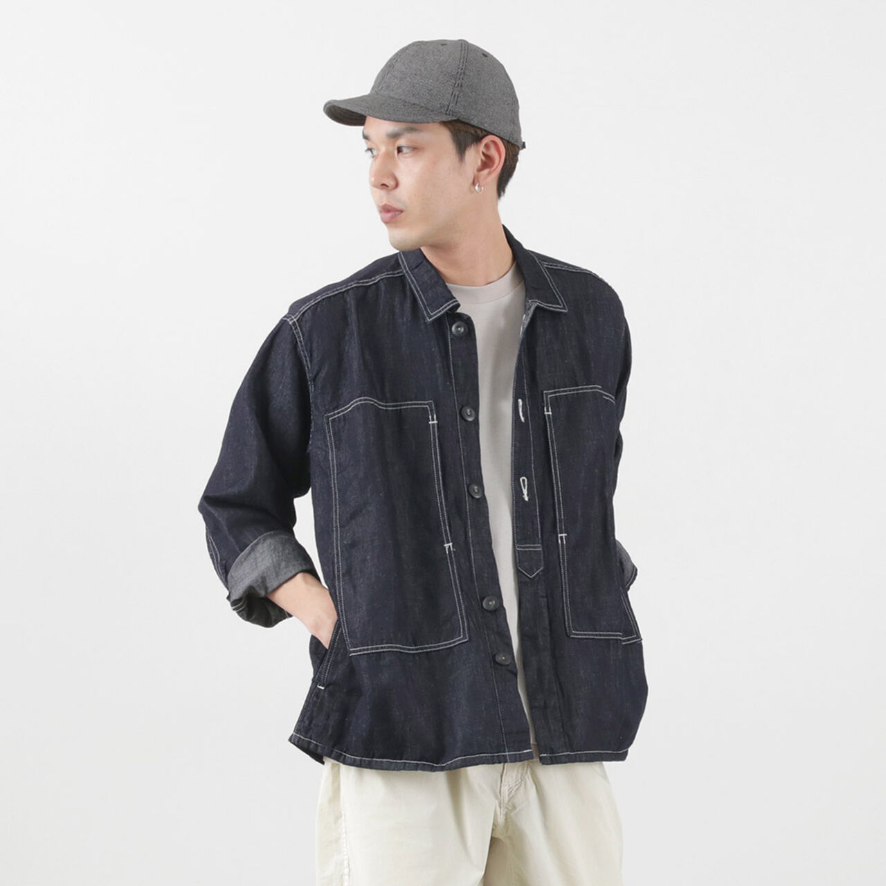 Special Order Cotton Linen Denim Faux Army Pullover Jacket,Indigo, large image number 0