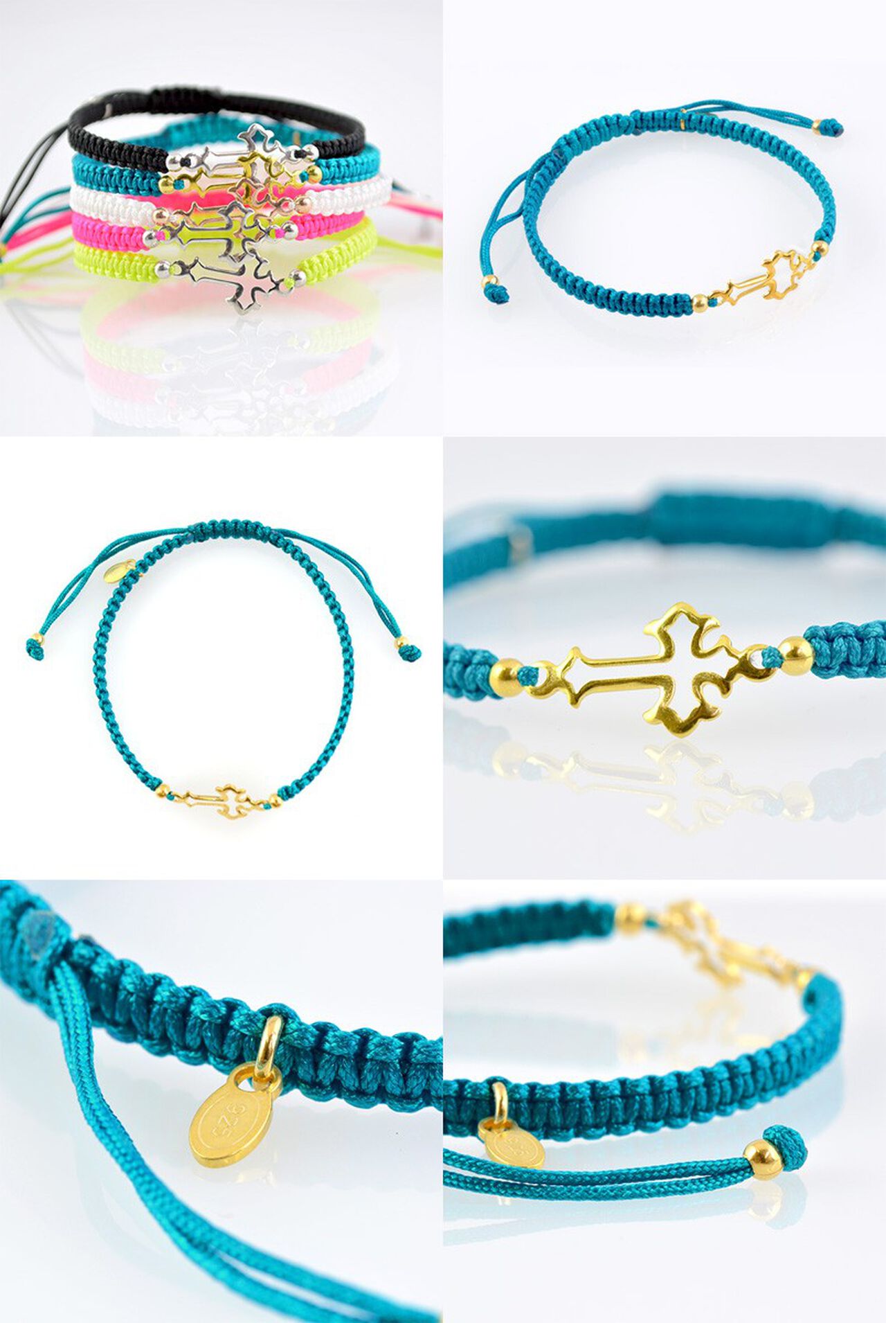 Silver Cross Knotting Cord Anklet,Turquoise_Gold, large image number 8