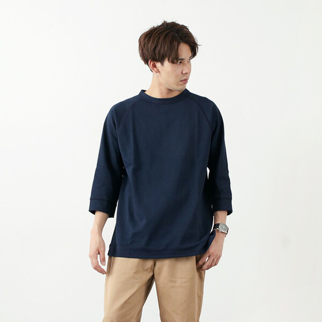 Hemmed Jersey Cotton Crew Neck Cut & Sew,Navy, large image number 0