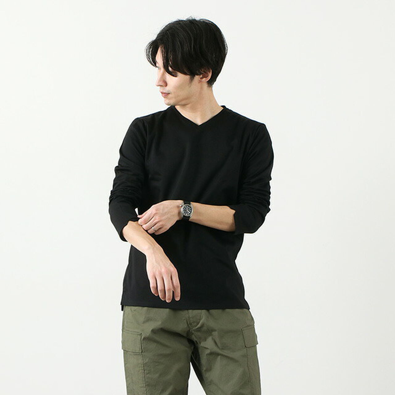 Tokyo Made V-Neck Long Sleeve Dress T-Shirt,Black, large image number 0