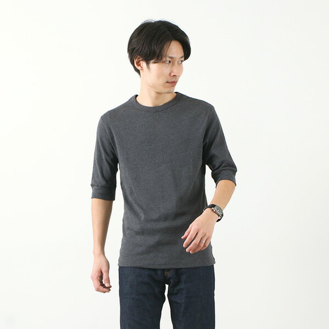 Smooth Cotton Ribbed Crew T-Shirt,Charcoal, large image number 0